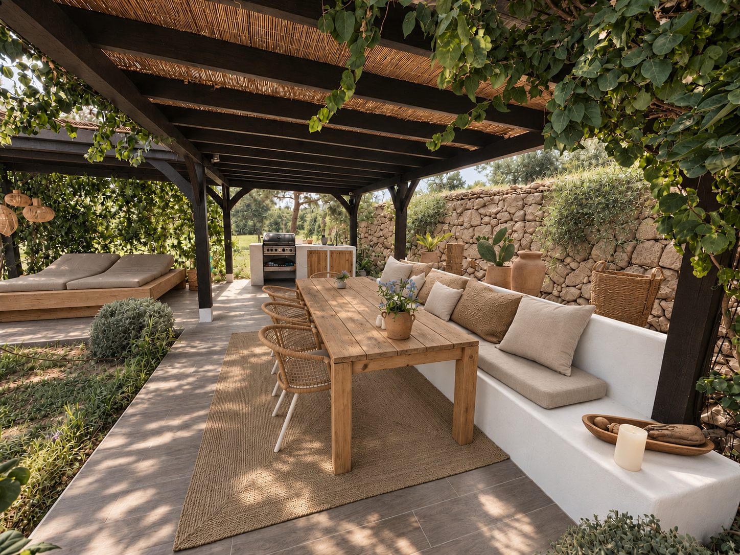 Pergola met lange tafel, gemetselde bank en ligbed
